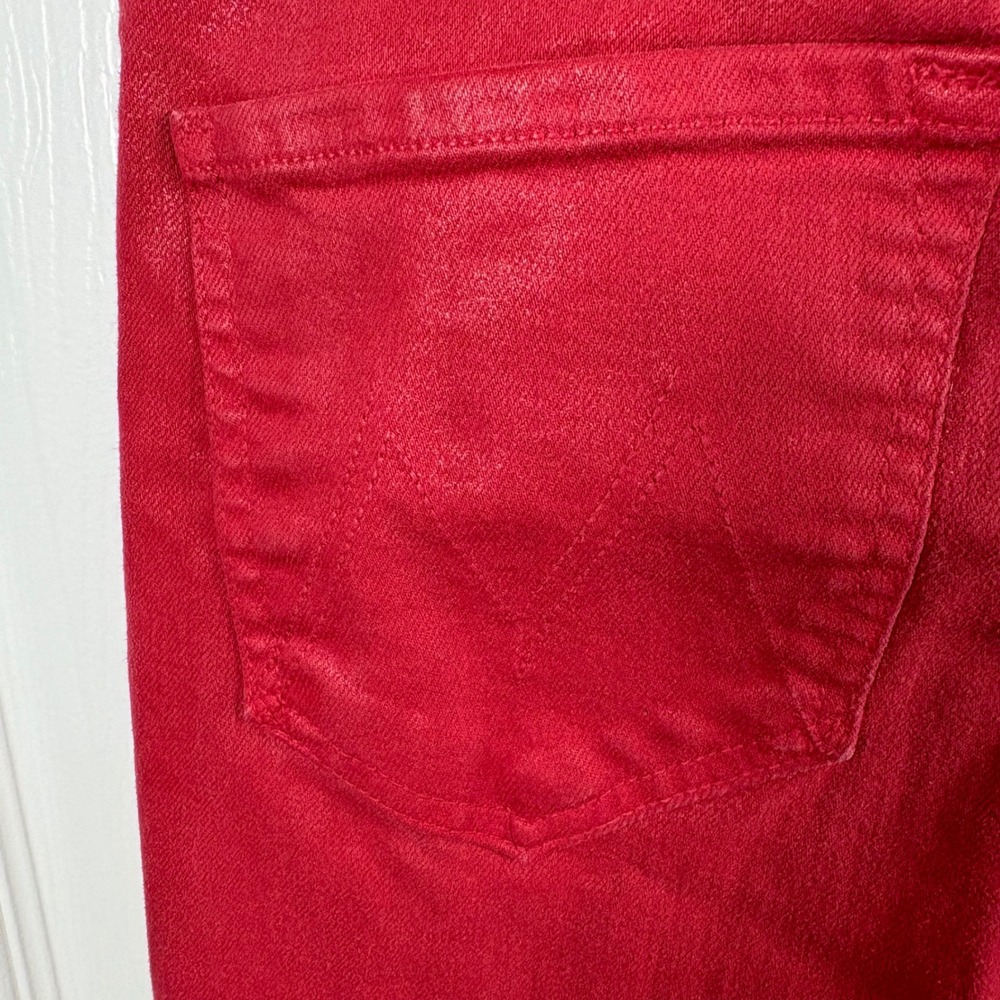 Mother The Hustler Ankle Fray Jeans 27 Red High-Rise Flare Raw Hem Coated Denim - Picture 9 of 10